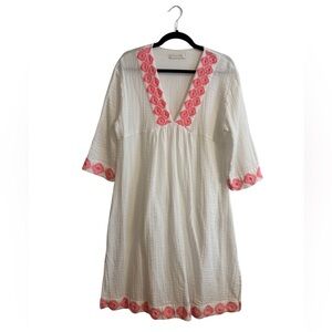 Embroidered Cotton Beach Cover in White with Pink Trim